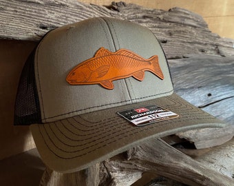 Redfish Patch Hat, Custom Richardson 112 Leather Patch Hat, Leather Patch Trucker Hat, Fishing Hat, Fish Patch Hat, Red Drum Hat