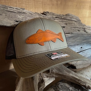 Redfish Patch Hat, Custom Richardson 112 Leather Patch Hat, Leather Patch Trucker Hat, Fishing Hat, Fish Patch Hat, Red Drum Hat