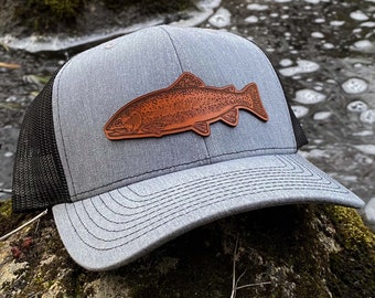 Rainbow Trout Patch Hat, Custom Richardson 112 Leather Patch Hat, Leather Patch Trucker Hat, Fishing Hat, Fish Patch Hat, Trout Hat