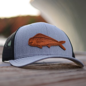 Mahi-mahi  Patch Hat, Custom Richardson 112 Leather Patch Hat, Leather Patch Trucker Hat, Fishing Hat, Fish Patch Hat, dolphin Fish Hat.