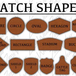 Puede incluir: Un gr&aacute;fico que muestra 13 formas de parche diferentes, incluyendo cuadrado, c&iacute;rculo, &oacute;valo, hex&aacute;gono, hex&aacute;gono estrecho, diamante ancho, rect&aacute;ngulo, estadio, hebilla, diamante, escudo 1, escudo 2, insignia, etiqueta de ganado y personalizado. Las formas son marrones y tienen texto blanco.