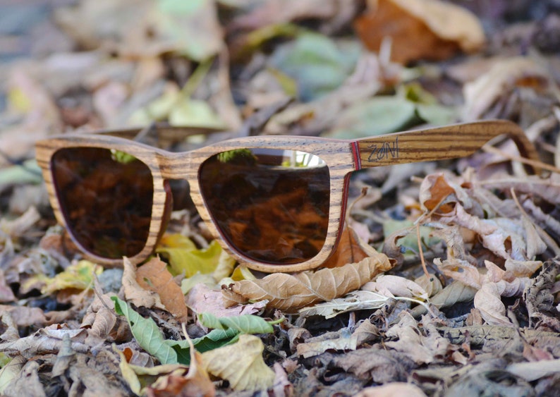 May include: Wooden sunglasses with brown lenses, resting on a bed of fallen leaves. The sunglasses have a red stripe along the top of the frame and the brand name "Zani" is printed on the right temple.