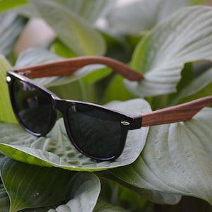 May include: Black sunglasses with wooden arms resting on green leaves. The sunglasses have a classic aviator style.