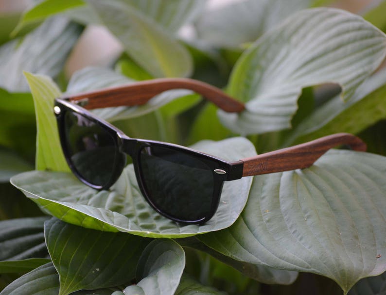 May include: Black sunglasses with wooden arms resting on green leaves. The sunglasses have a classic aviator style.
