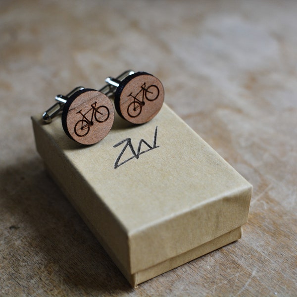 Bicycle Cufflinks. Personalized Wood Bike Cufflinks. Engraved Wood Cufflinks. Wooden Cyclist Cufflinks.