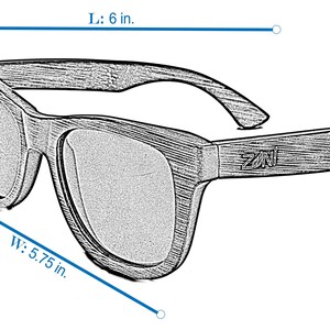 May include: Black wood-framed sunglasses with a Zani logo on the side. The sunglasses measure 6 inches long, 1.875 inches high, and 5.75 inches wide.