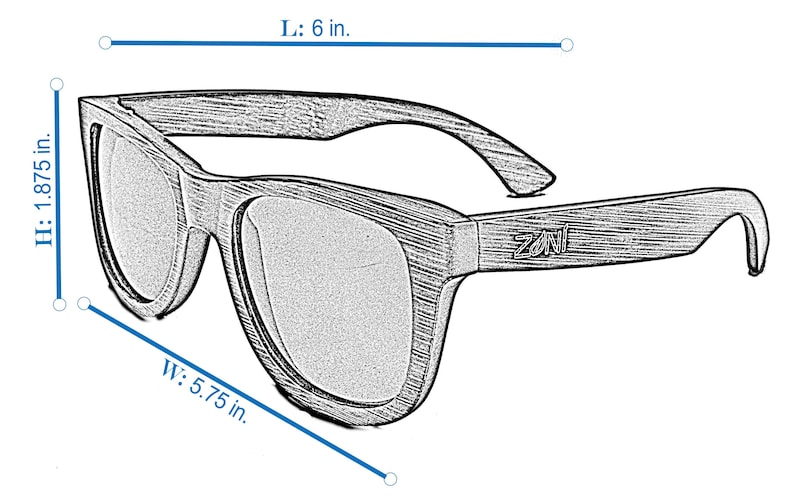 May include: Black wood-framed sunglasses with a Zani logo on the side. The sunglasses measure 6 inches long, 1.875 inches high, and 5.75 inches wide.