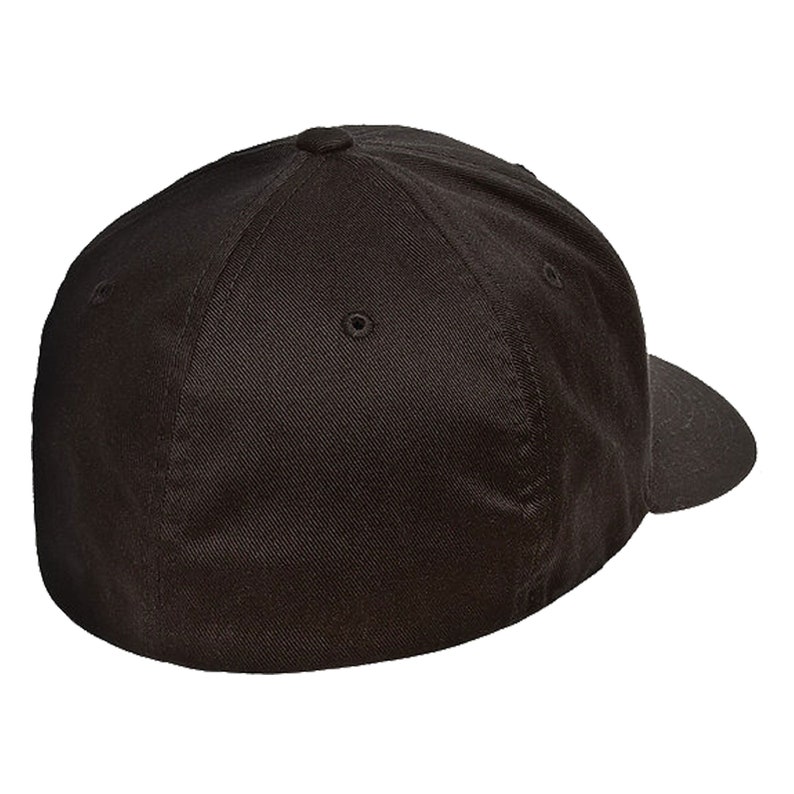 May include: A black fitted baseball cap with a curved brim. The cap is made of a soft, smooth fabric.