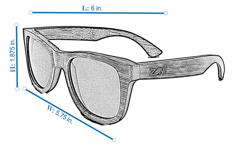 Puede incluir: Gafas de sol negras con montura de madera y un logotipo de Zani en el lateral. Las gafas miden 15,24 cm de largo, 4,76 cm de alto y 14,61 cm de ancho.