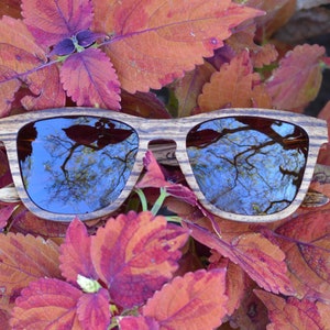 May include: Wooden sunglasses with brown and black striped frames and blue lenses. The sunglasses are lying on a bed of red and purple leaves.