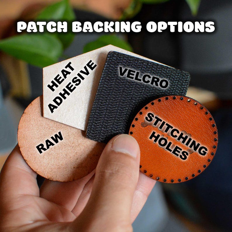 May include: Four different patch backing options are shown: raw, heat adhesive, velcro, and stitching holes. The options are held in a hand.