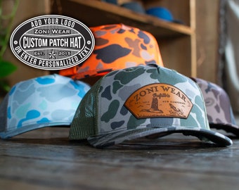 Custom Duck Camo Leather Patch Trucker Hat | Richardson 112PFP Five Panel | Genuine Leather | Personalized Logo Patch Hat | Custom logo Hats