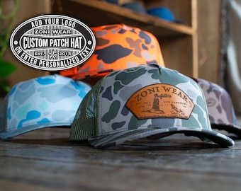Aangepaste eend camouflage leren patch truckerpet | Richardson 112PFP vijf panelen | Echt leer | Hoed met gepersonaliseerd logo | Hoeden met aangepast logo