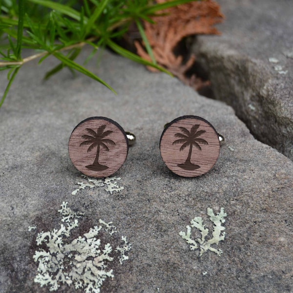 Palm Tree Wood Cufflinks. Personalized Wood Cufflinks. Palm Cuffs For Men. Engraved Wood Cufflinks. Groomsmen Gifts. Groomsmen Cufflinks.