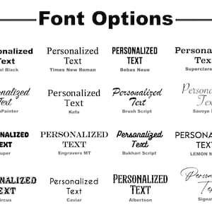 Puede incluir: Un gr&aacute;fico que muestra 10 opciones de fuentes diferentes para texto personalizado. Las fuentes se muestran en una cuadr&iacute;cula con el nombre de la fuente debajo de cada ejemplo. Las fuentes incluyen Arial Black, Times New Roman, Bebas Neue, Superclarendon, SignPainter, Kefa, Brush Script, Savoy LET, Super, Engravers MT, Bukhari Script, Lemon Milk, Circus, Caviar, Albertson y Signature.