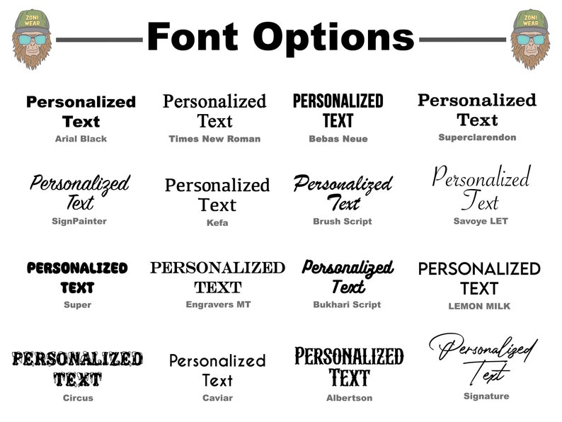 Puede incluir: Un gr&aacute;fico que muestra 10 opciones de fuentes diferentes para texto personalizado. Las fuentes se muestran en una cuadr&iacute;cula con el nombre de la fuente debajo de cada ejemplo. Las fuentes incluyen Arial Black, Times New Roman, Bebas Neue, Superclarendon, SignPainter, Kefa, Brush Script, Savoy LET, Super, Engravers MT, Bukhari Script, Lemon Milk, Circus, Caviar, Albertson y Signature.