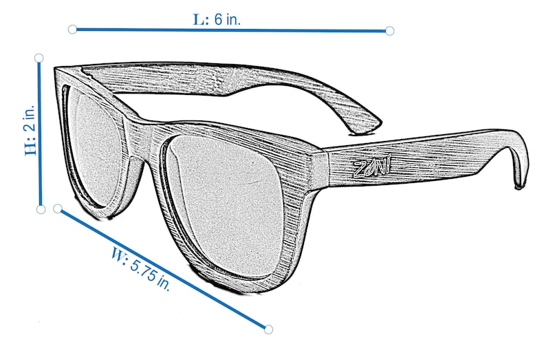 May include: Black sunglasses with a wood grain finish. The sunglasses measure 6 inches long, 2 inches high, and 5.75 inches wide.