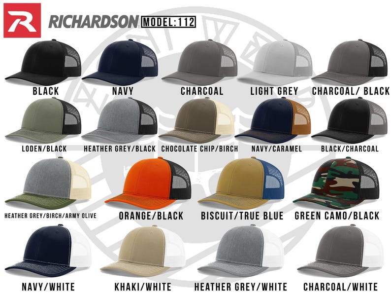 Puede incluir: Una colecci&oacute;n de 12 gorras de b&eacute;isbol de diferentes colores y patrones con paneles traseros de malla. Las gorras est&aacute;n dispuestas en cuatro filas de tres. El texto "R RICHARDSON MODEL: 112" est&aacute; en la parte superior de la imagen.