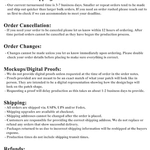 May include: A document outlining policies for production, shipping, order changes, cancellations, digital proofs, refunds, and shipping. The document includes information about turnaround times, order deadlines, and shipping methods.