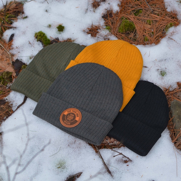 Custom Beanie, Logo Beanie, Company Logo Winter Hat, Leather Patch Beanie, Custom Patch Beanie, Custom Patch Hats, Personalized Mens Hats