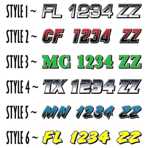 May include: Six different styles of custom license plates with various state abbreviations and numbers. The plates are in different colors, including silver, red, green, blue, and yellow.