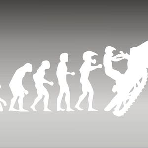 May include: A white silhouette of the evolution of humans, ending with a person riding a snowmobile.