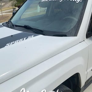 May include: White Jeep with a black and gray stripe on the hood. The windshield has a white decal that says "She Sitting Pretty!" The car has a black bumper and black wheels. The text "No Caption Needed" is written on the side of the car.