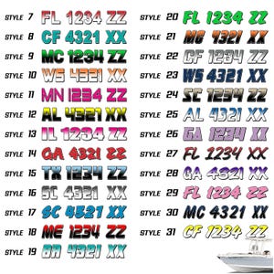 May include: A collection of boat registration numbers in various styles and colors. Each design includes a state abbreviation, numbers, and letters. The text "STYLE" is above each design. The image includes a boat in the bottom right corner.