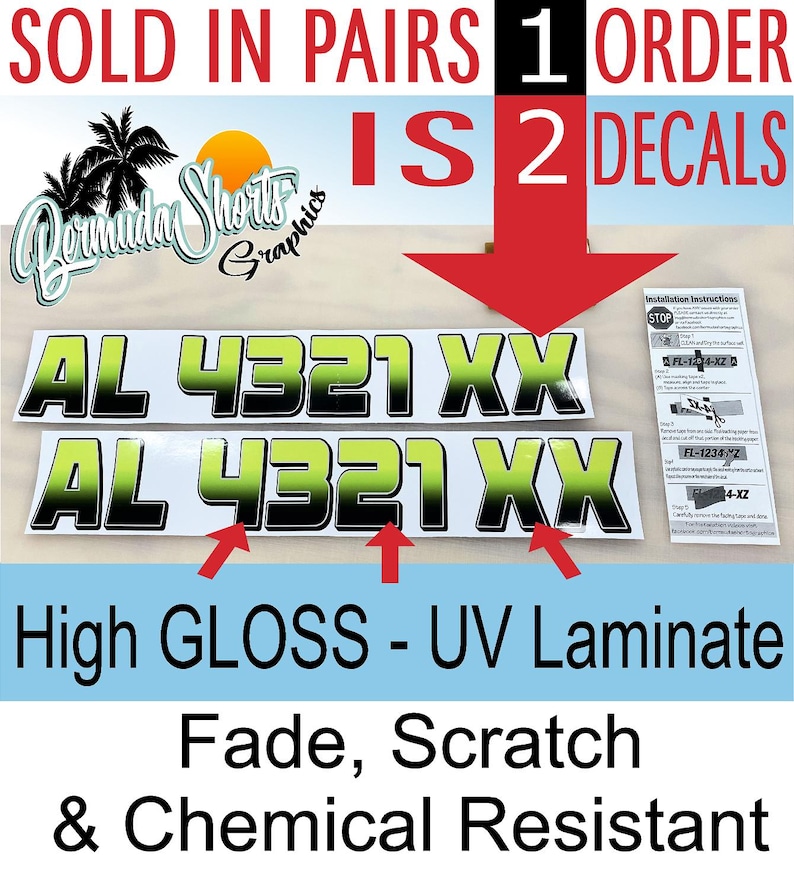 Puede incluir: Dos calcoman&iacute;as de vinilo verde y negro con el texto "AL 4321 XX" sobre un fondo blanco. Las calcoman&iacute;as se venden en pares y est&aacute;n laminadas con UV para resistir la decoloraci&oacute;n, los ara&ntilde;azos y los productos qu&iacute;micos.
