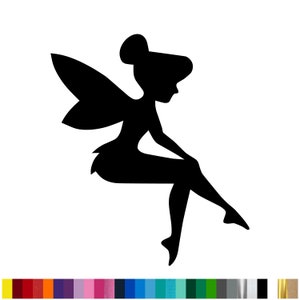 May include: A black silhouette of a fairy sitting with crossed legs, wings spread, and hair in a bun. The fairy is positioned against a white background. A color palette of various colors is displayed at the bottom.