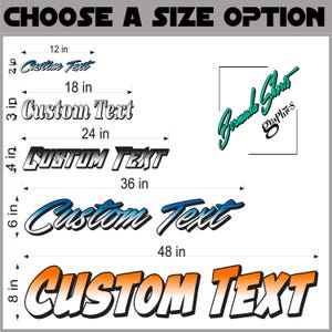 May include: A graphic design template for a custom text design. The image shows different sizes of the design, from 12 inches to 48 inches. The design features a gradient of blue and white, and a gradient of orange and white.