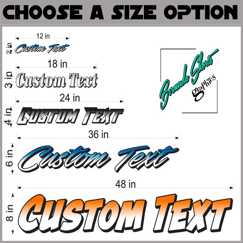 May include: A graphic design template for a custom text design. The image shows different sizes of the design, from 12 inches to 48 inches. The design features a gradient of blue and white, and a gradient of orange and white.