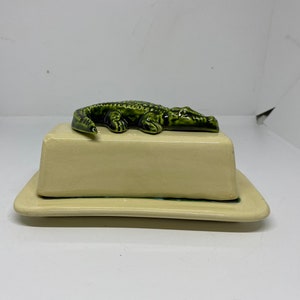 Off White/ Green Alligator Butter Dish with Lid, Handmade Ceramic