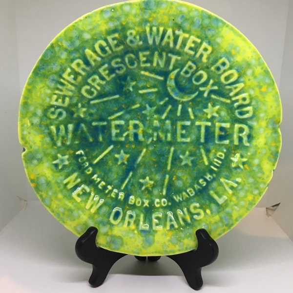 New Orleans Water Meter Lime Green and Teal Bowl Handmade Pottery Souvenir Bowl 10x10