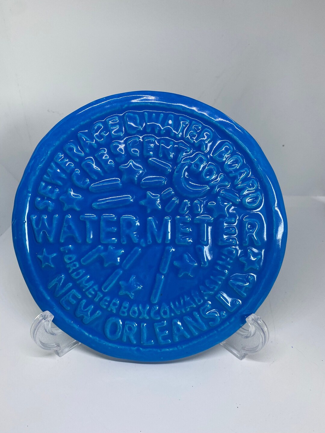Neon Blue New Orleans Water Meter Plate Holder, Trivet and Wall Decor