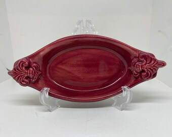 Maroon Fleur De Lis Serving Casserole Dish ( Small Bowl), Handmade Ceramic 8 1/2 x 4 in