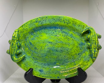 Lime Green/ Turquoise Alligator Serving Plate Ceramic Handmade Souvenir Plate 11 in x 8 in