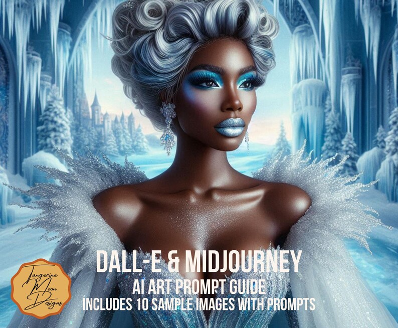 May include: A guide to using DALL-E and Midjourney to create AI art. The cover features a woman with blue hair and a white dress, standing in a snowy, icy landscape. The text on the cover reads "DALL-E & Midjourney AI Art Prompt Guide Includes 10 Sample Images with Prompts".