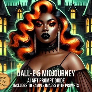 May include: A digital art prompt guide for DALL-E and Midjourney, featuring a woman with orange and black hair in front of a spooky house. The guide includes 10 sample images with prompts.