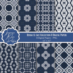 Denim & Lace Collection II | Blue and White Seamless Digital Paper | Background | Scrapbook | Printable | Planner | POD | Pattern | Download