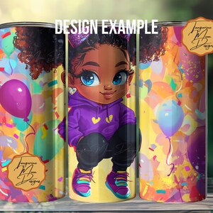 May include: A colorful tumbler design featuring a cartoon illustration of a young Black girl with purple hair, wearing a purple hoodie and sneakers, surrounded by confetti and balloons. The text "Tangerine Moon Designs" is visible on the tumbler.