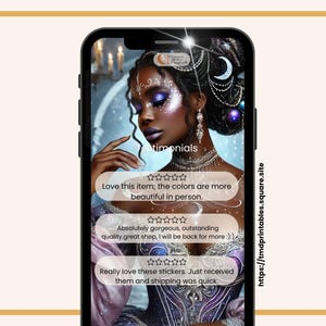 May include: A screenshot of a mobile phone displaying customer reviews for a shop selling digital printable stickers. The reviews are positive and include five-star ratings. The text on the screen reads "Love this item; the colors are more beautiful in person." "Absolutely gorgeous, outstanding quality great shop, I will be back for more :)" and "Really love these stickers. Just received them and shipping was quick."