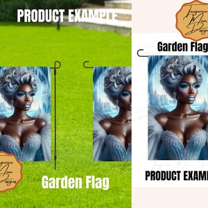 May include: A garden flag featuring a digital illustration of a woman with blue hair and a white and blue gown. The background is a blue and white winter scene. The text "Garden Flag" is printed below the image.