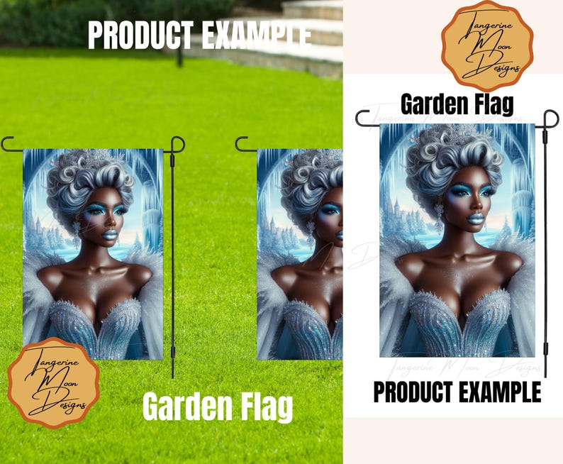 May include: A garden flag featuring a digital illustration of a woman with blue hair and a white and blue gown. The background is a blue and white winter scene. The text "Garden Flag" is printed below the image.