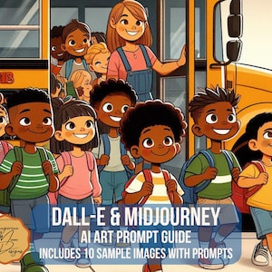 May include: A colorful illustration of a group of children getting off a yellow school bus. The children are all Black and are wearing backpacks. The bus has the letter "B" on the side. The text "DALL-E & MIDJOURNEY AI ART PROMPT GUIDE INCLUDES 10 SAMPLE IMAGES WITH PROMPTS" is at the bottom of the image.