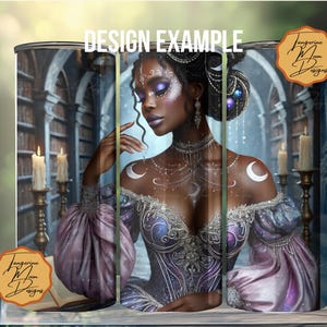 May include: A digital design featuring a woman with dark skin and long black hair wearing a purple and silver gown with a celestial theme. The background is a library with candles and bookshelves.