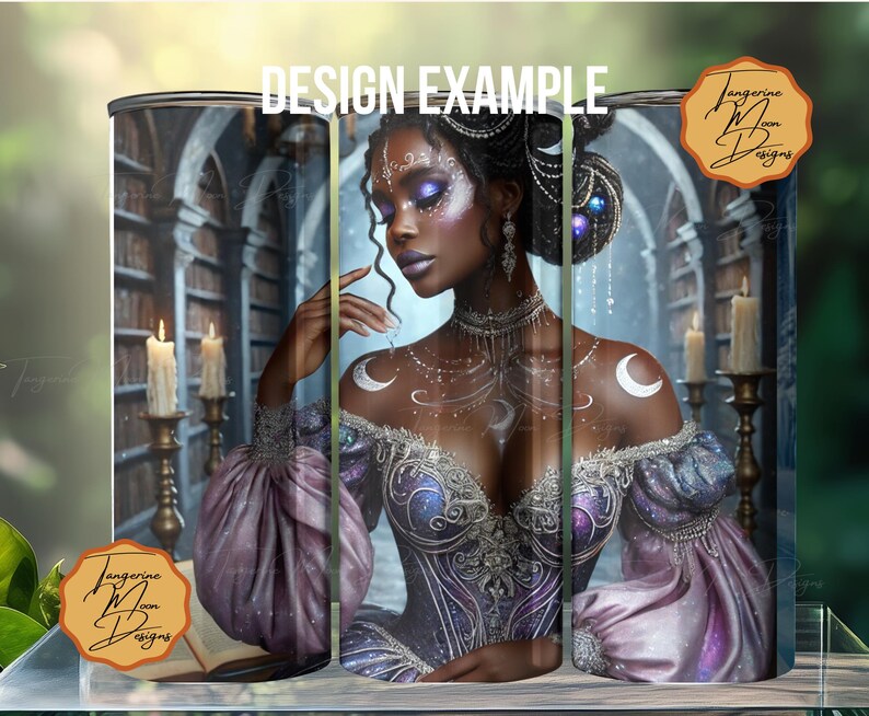 May include: A digital design featuring a woman with dark skin and long black hair wearing a purple and silver gown with a celestial theme. The background is a library with candles and bookshelves.
