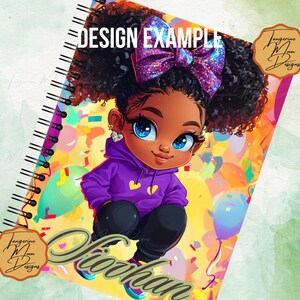 May include: A colorful notebook cover design featuring a cartoon illustration of a young girl with curly black hair, wearing a purple hoodie and a sparkly bow. The background is a bright yellow with confetti and balloons.