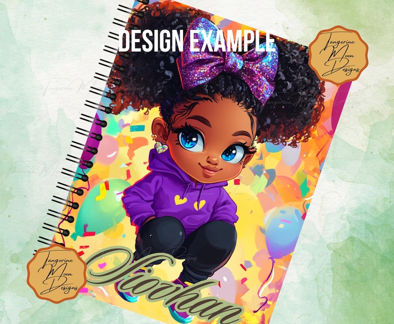 May include: A colorful notebook cover design featuring a cartoon illustration of a young girl with curly black hair, wearing a purple hoodie and a sparkly bow. The background is a bright yellow with confetti and balloons.