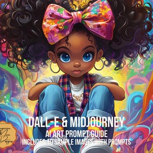 May include: A digital illustration of a young Black girl with curly hair wearing a plaid shirt, blue jeans, and a large pink bow. The background is a colorful abstract design.